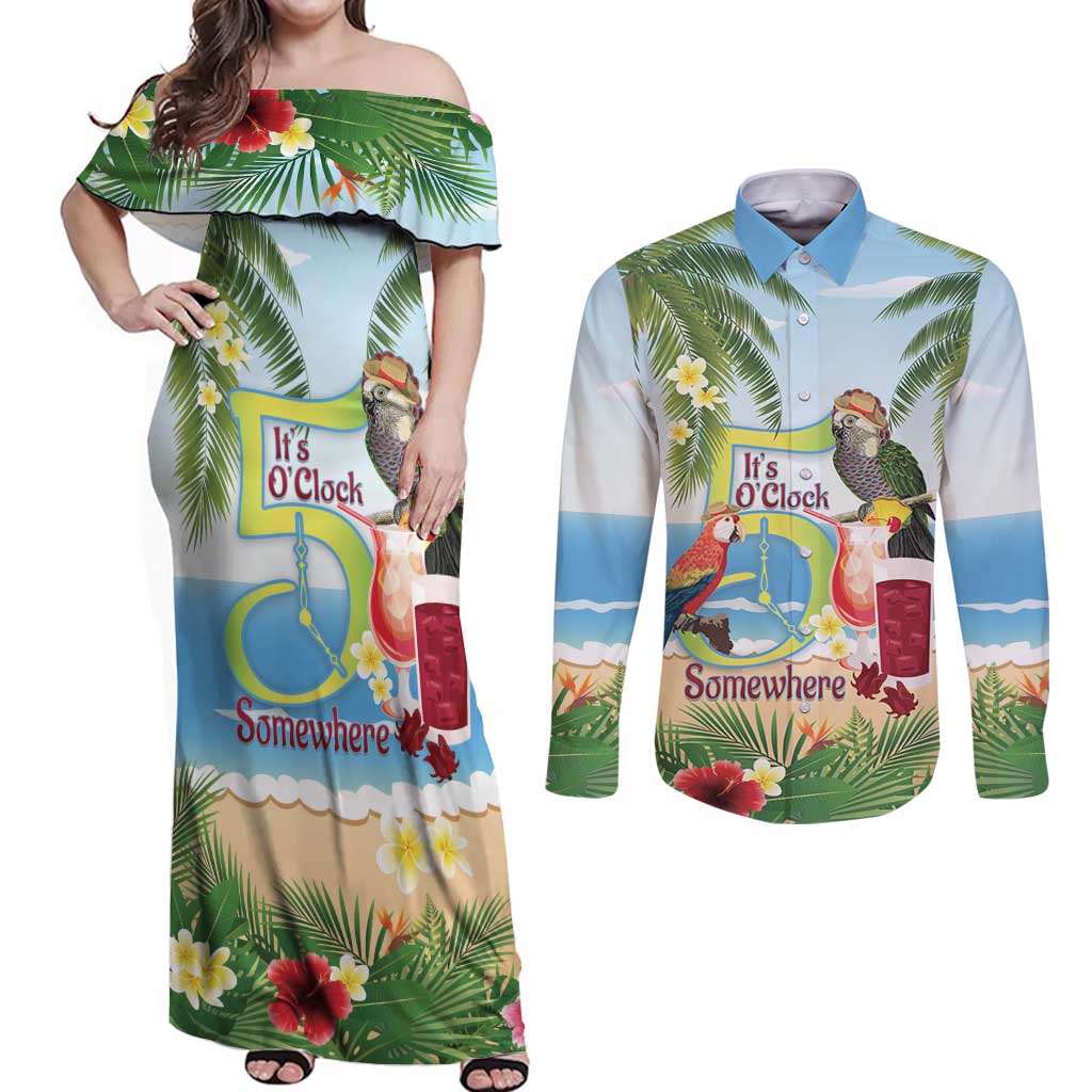 Guyana Christmas Couples Matching Off Shoulder Maxi Dress and Long Sleeve Button Shirt Macaw Red-fan Parrot Tropical Vibes - Wonder Print Shop