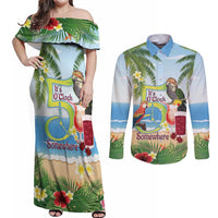 Guyana Christmas Couples Matching Off Shoulder Maxi Dress and Long Sleeve Button Shirt Macaw Red-fan Parrot Tropical Vibes - Wonder Print Shop