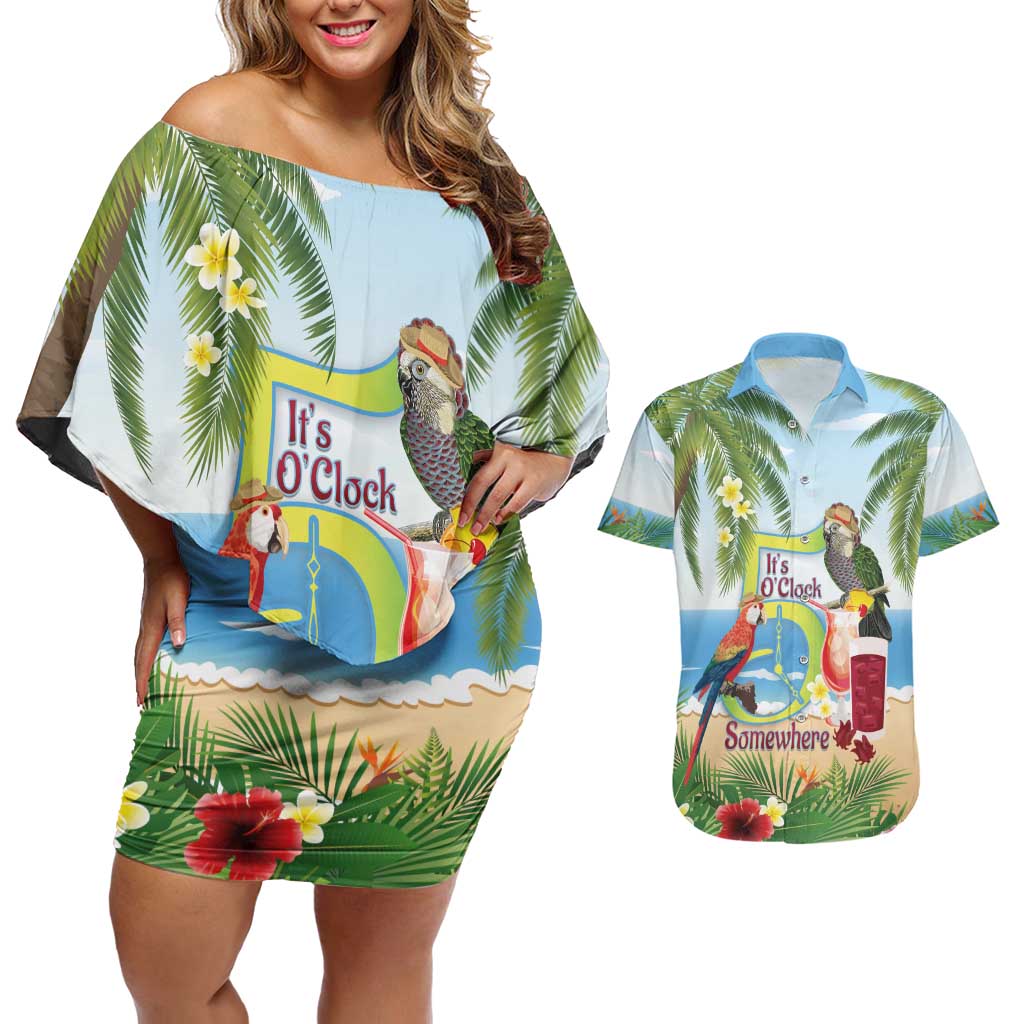 Guyana Christmas Couples Matching Off Shoulder Short Dress and Hawaiian Shirt Macaw Red-fan Parrot Tropical Vibes - Wonder Print Shop
