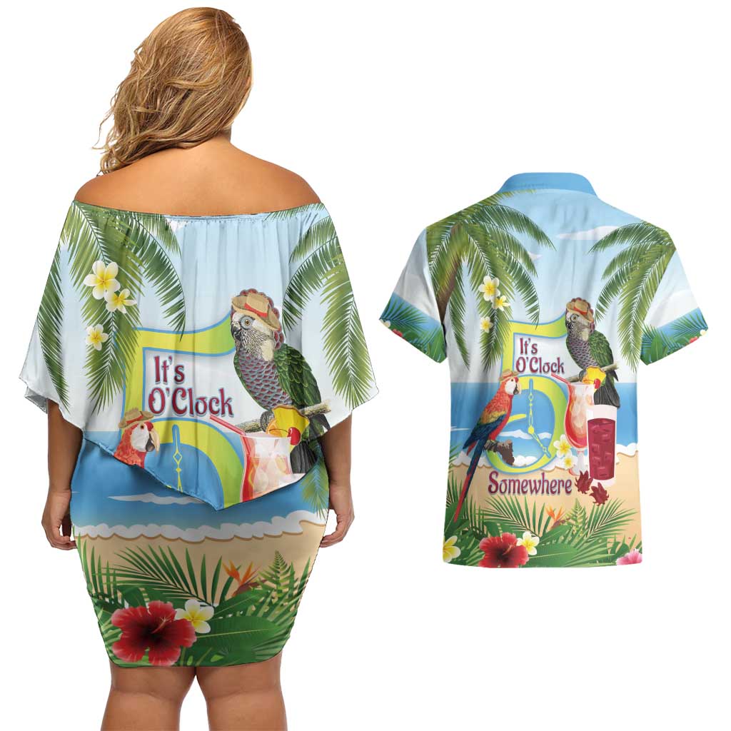 Guyana Christmas Couples Matching Off Shoulder Short Dress and Hawaiian Shirt Macaw Red-fan Parrot Tropical Vibes - Wonder Print Shop