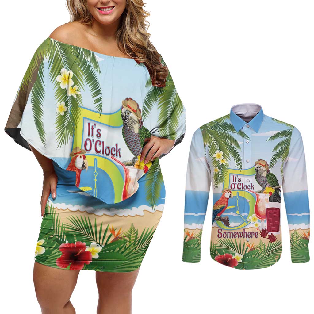 Guyana Christmas Couples Matching Off Shoulder Short Dress and Long Sleeve Button Shirt Macaw Red-fan Parrot Tropical Vibes - Wonder Print Shop