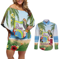 Guyana Christmas Couples Matching Off Shoulder Short Dress and Long Sleeve Button Shirt Macaw Red-fan Parrot Tropical Vibes - Wonder Print Shop