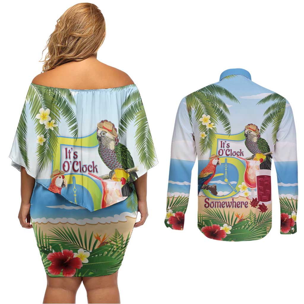 Guyana Christmas Couples Matching Off Shoulder Short Dress and Long Sleeve Button Shirt Macaw Red-fan Parrot Tropical Vibes - Wonder Print Shop