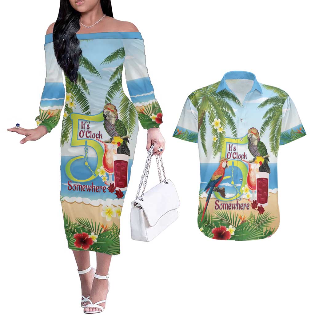 Guyana Christmas Couples Matching Off The Shoulder Long Sleeve Dress and Hawaiian Shirt Macaw Red-fan Parrot Tropical Vibes - Wonder Print Shop
