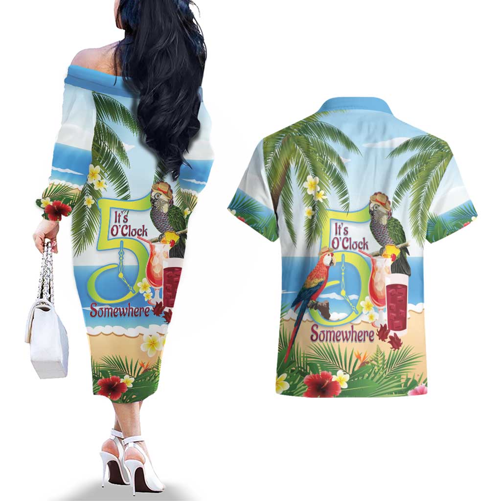 Guyana Christmas Couples Matching Off The Shoulder Long Sleeve Dress and Hawaiian Shirt Macaw Red-fan Parrot Tropical Vibes - Wonder Print Shop