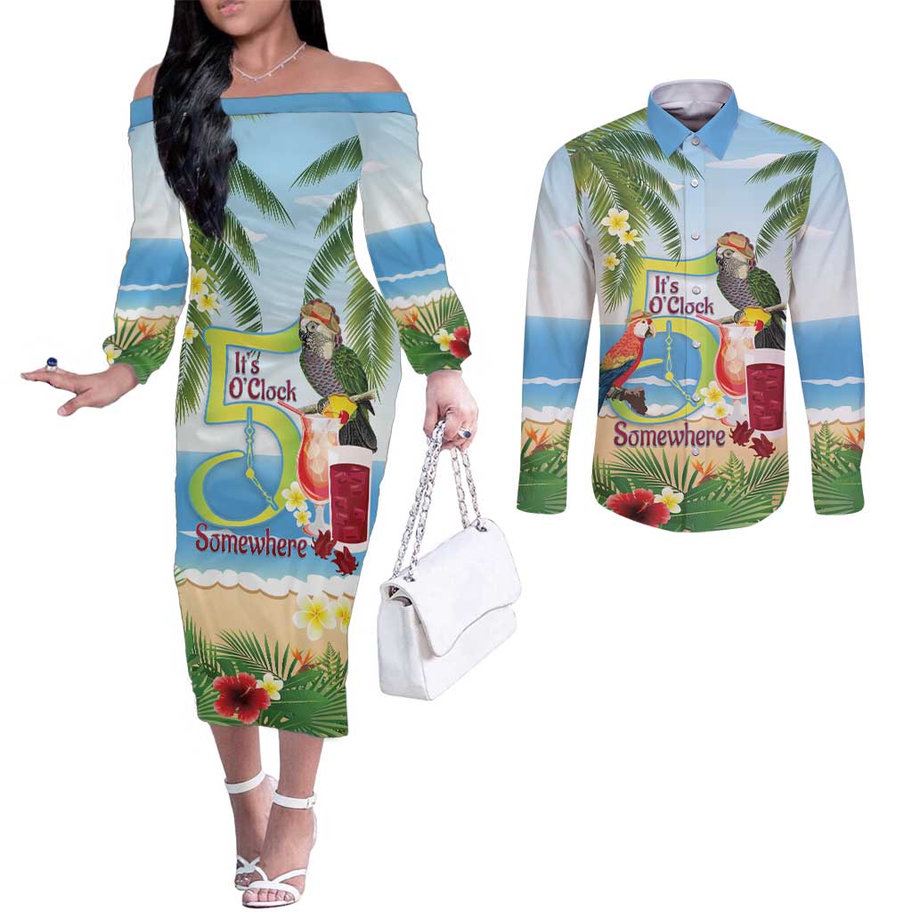 Guyana Christmas Couples Matching Off The Shoulder Long Sleeve Dress and Long Sleeve Button Shirt Macaw Red-fan Parrot Tropical Vibes - Wonder Print Shop