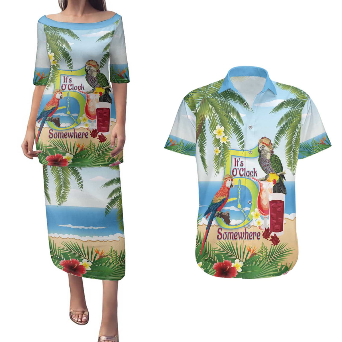 Guyana Christmas Couples Matching Puletasi and Hawaiian Shirt Macaw Red-fan Parrot Tropical Vibes - Wonder Print Shop