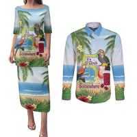Guyana Christmas Couples Matching Puletasi and Long Sleeve Button Shirt Macaw Red-fan Parrot Tropical Vibes - Wonder Print Shop