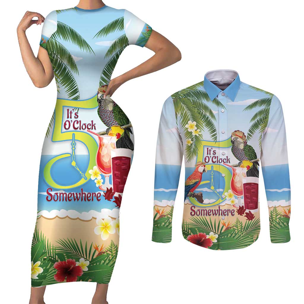 Guyana Christmas Couples Matching Short Sleeve Bodycon Dress and Long Sleeve Button Shirt Macaw Red-fan Parrot Tropical Vibes - Wonder Print Shop