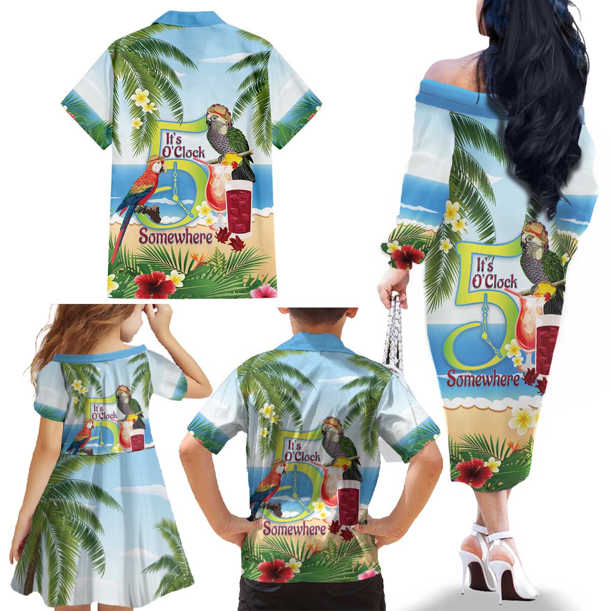 Guyana Christmas Family Matching Off The Shoulder Long Sleeve Dress and Hawaiian Shirt Macaw Red-fan Parrot Tropical Vibes - Wonder Print Shop