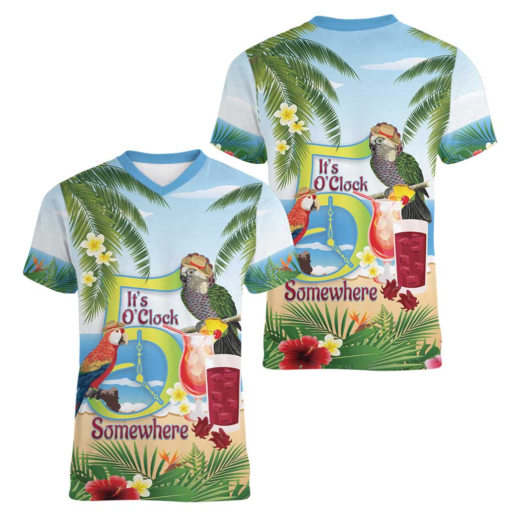 Guyana Christmas Women V-Neck T-Shirt Macaw Red-fan Parrot Tropical Vibes - Wonder Print Shop