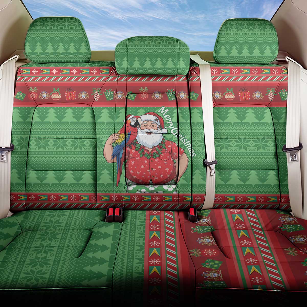 Guyana Christmas Back Car Seat Cover Santa With Macaw Parrot Merry Xmas - Wonder Print Shop