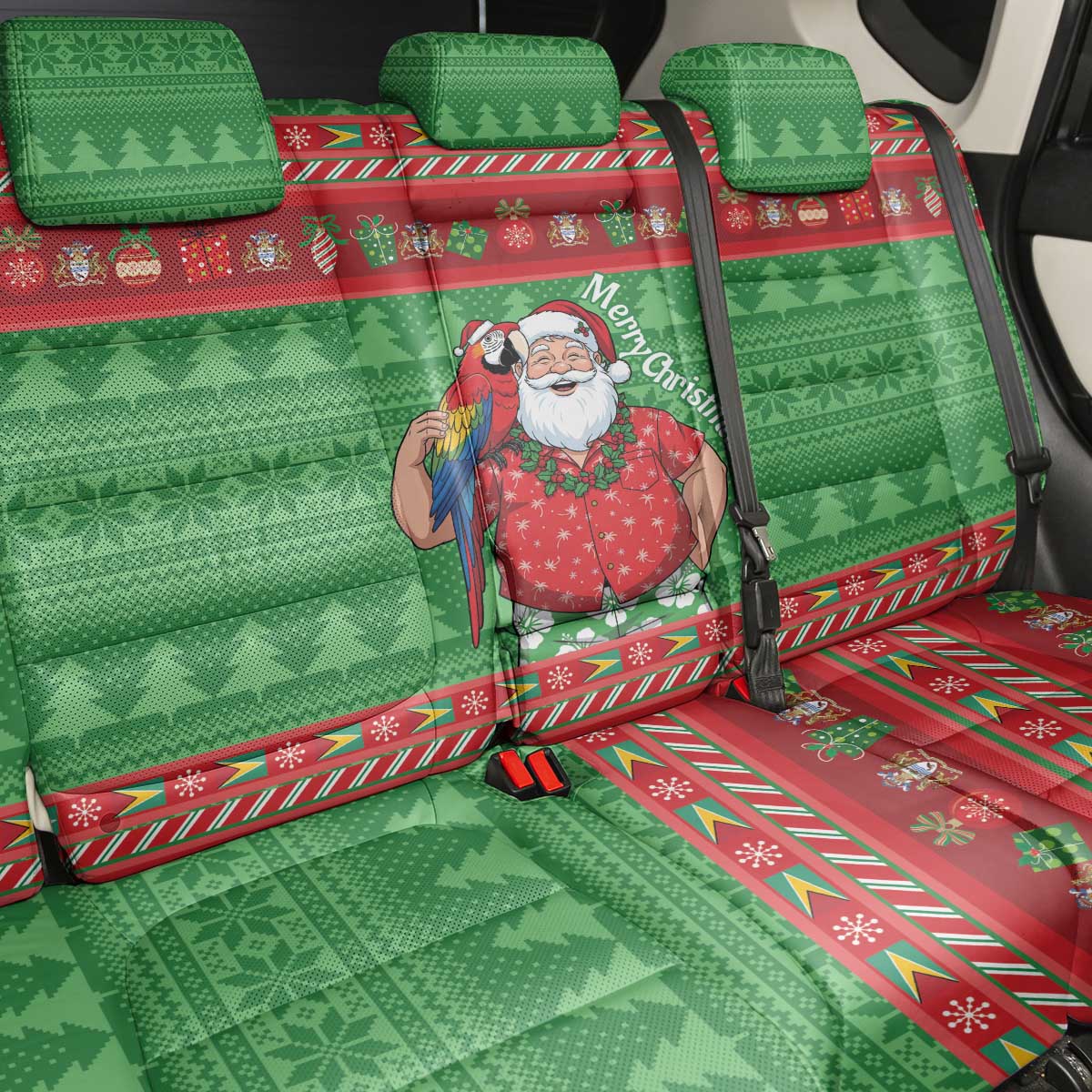 Guyana Christmas Back Car Seat Cover Santa With Macaw Parrot Merry Xmas - Wonder Print Shop