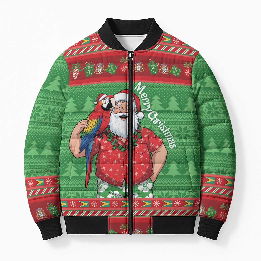 Guyana Christmas Bomber Puffer Jacket Santa With Macaw Parrot Merry Xmas - Wonder Print Shop