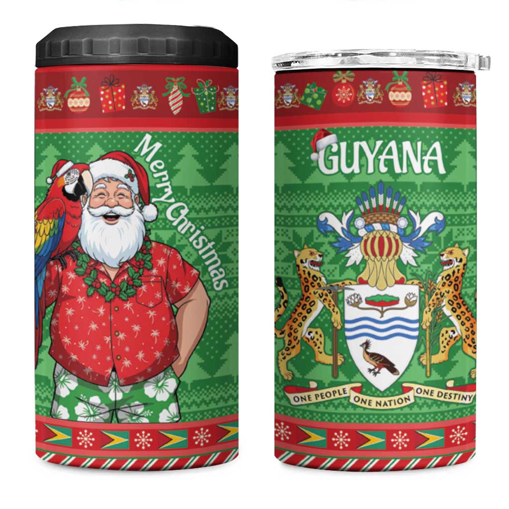 Guyana Christmas 4 in 1 Can Cooler Tumbler Santa With Macaw Parrot Merry Xmas - Wonder Print Shop