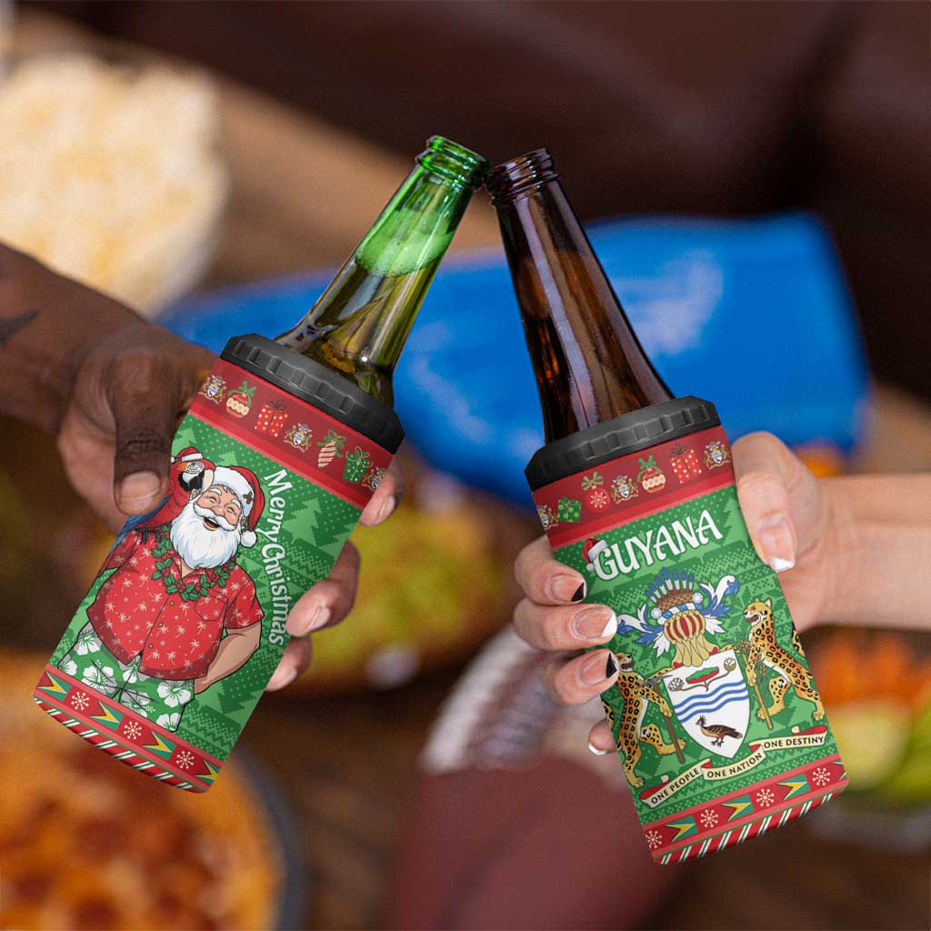 Guyana Christmas 4 in 1 Can Cooler Tumbler Santa With Macaw Parrot Merry Xmas - Wonder Print Shop