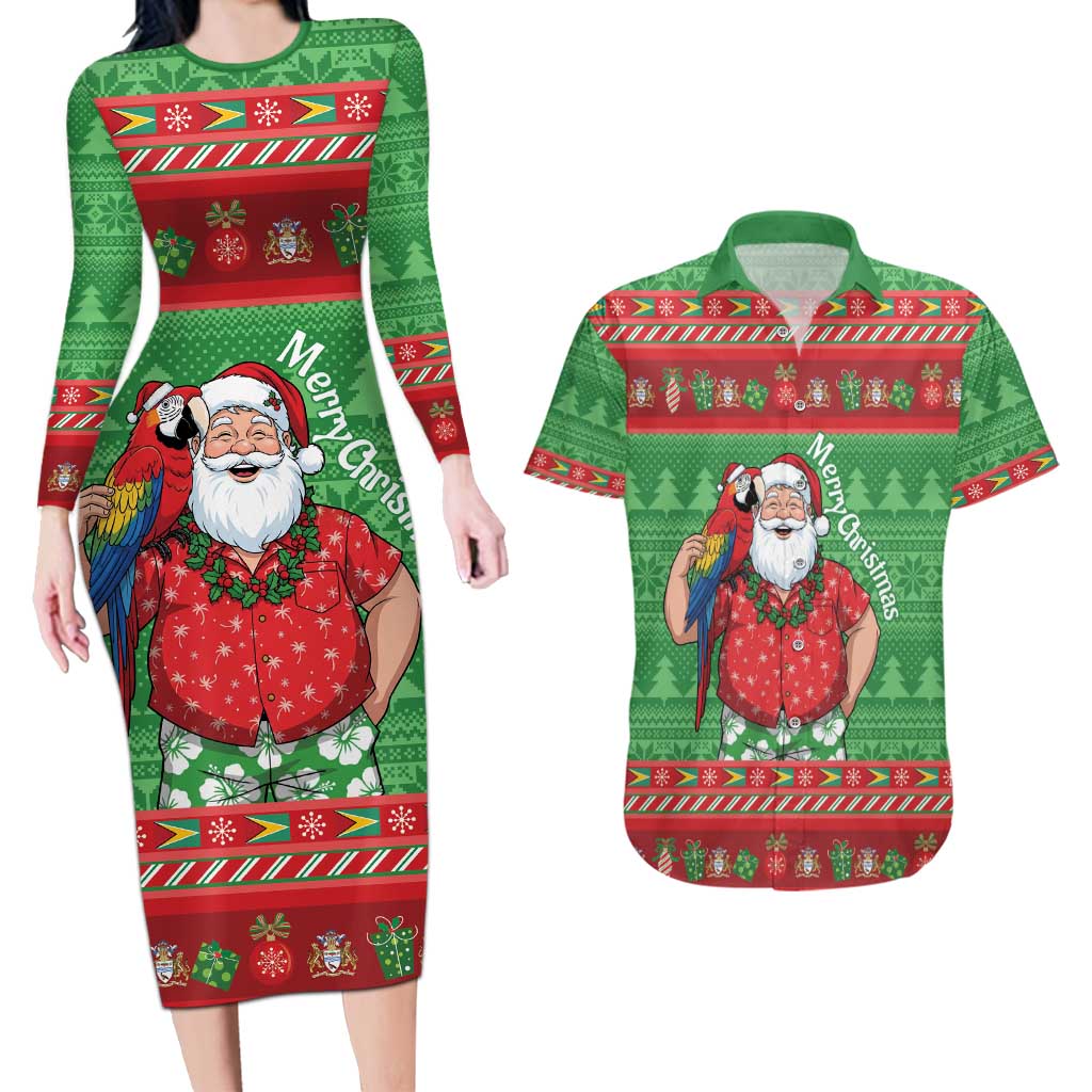 Guyana Christmas Couples Matching Long Sleeve Bodycon Dress and Hawaiian Shirt Santa With Macaw Parrot Merry Xmas - Wonder Print Shop
