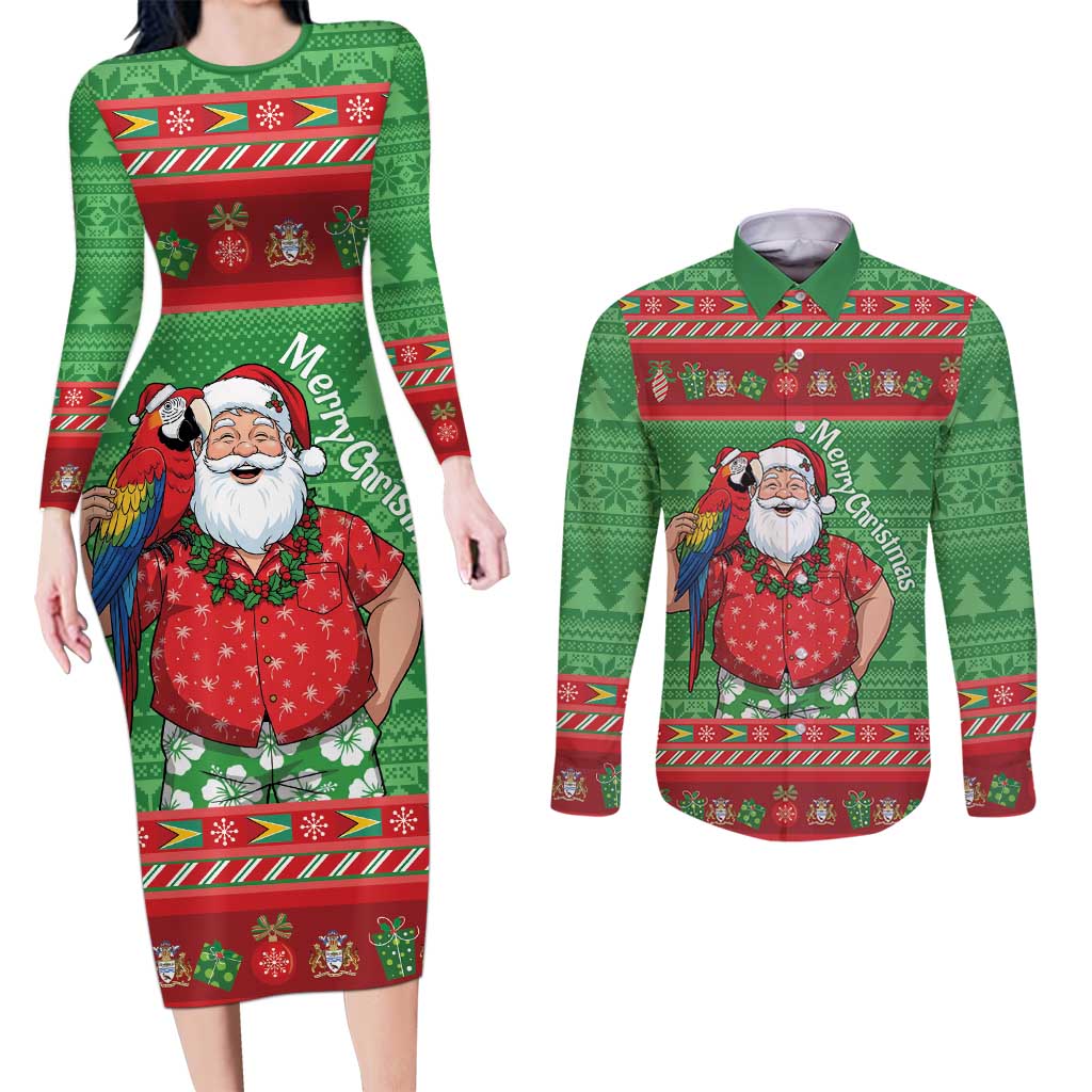 Guyana Christmas Couples Matching Long Sleeve Bodycon Dress and Long Sleeve Button Shirt Santa With Macaw Parrot Merry Xmas - Wonder Print Shop