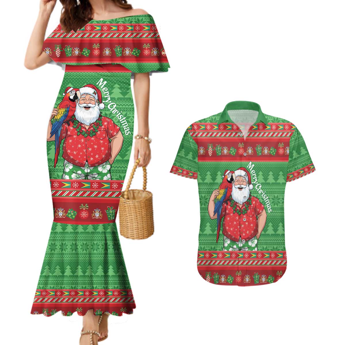 Guyana Christmas Couples Matching Mermaid Dress and Hawaiian Shirt Santa With Macaw Parrot Merry Xmas - Wonder Print Shop