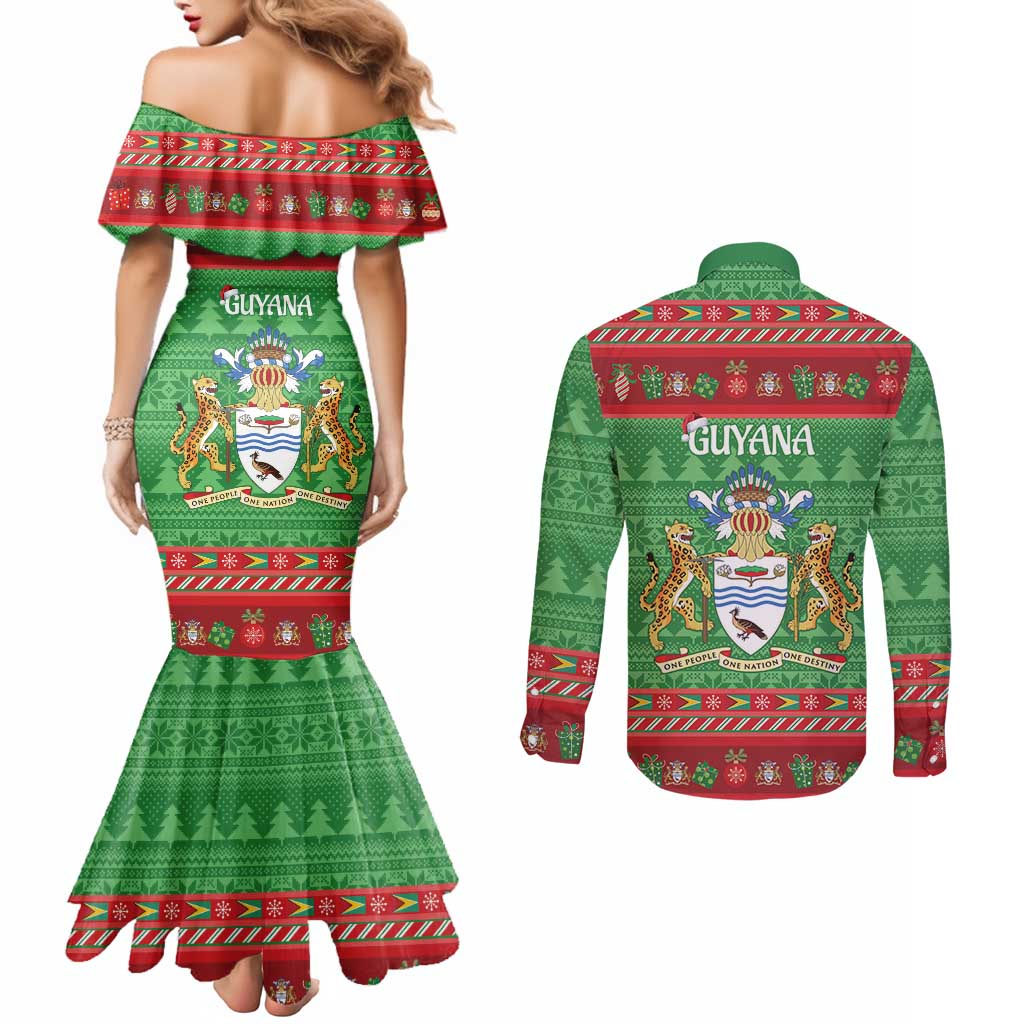 Guyana Christmas Couples Matching Mermaid Dress and Long Sleeve Button Shirt Santa With Macaw Parrot Merry Xmas - Wonder Print Shop