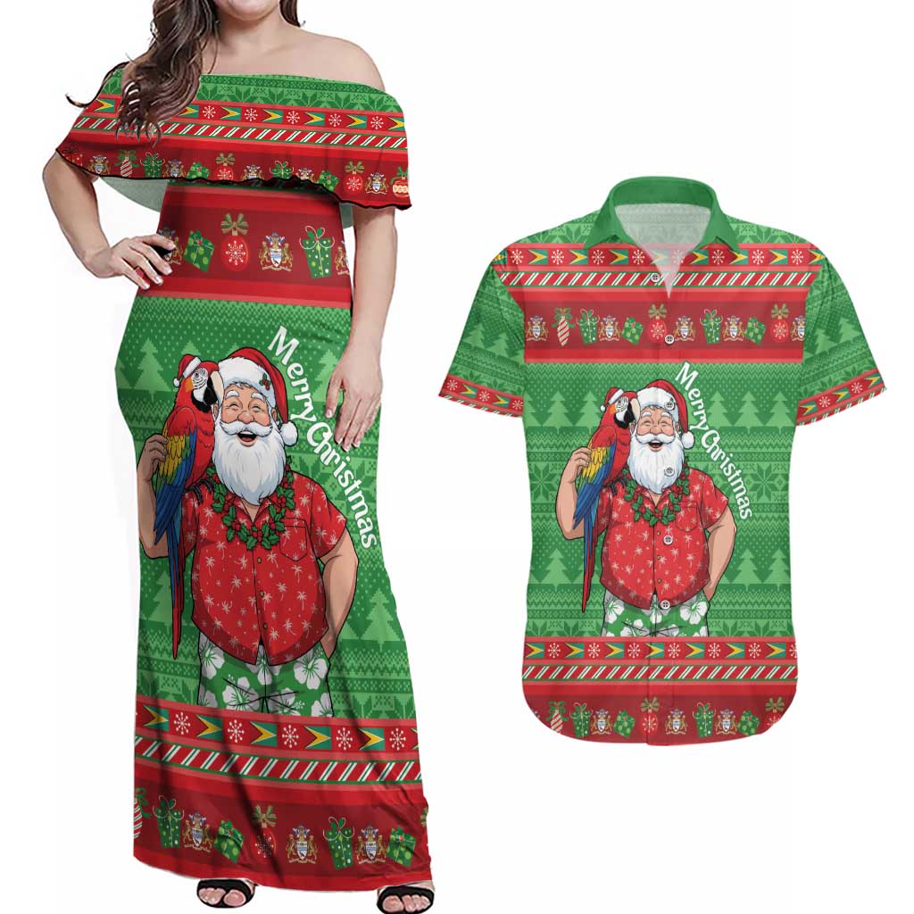 Guyana Christmas Couples Matching Off Shoulder Maxi Dress and Hawaiian Shirt Santa With Macaw Parrot Merry Xmas - Wonder Print Shop