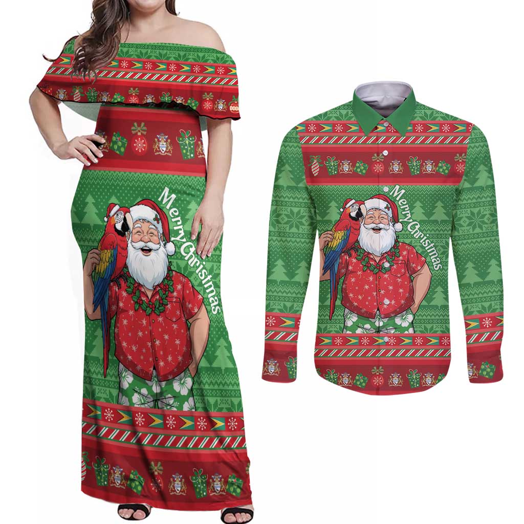 Guyana Christmas Couples Matching Off Shoulder Maxi Dress and Long Sleeve Button Shirt Santa With Macaw Parrot Merry Xmas - Wonder Print Shop