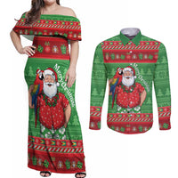 Guyana Christmas Couples Matching Off Shoulder Maxi Dress and Long Sleeve Button Shirt Santa With Macaw Parrot Merry Xmas - Wonder Print Shop