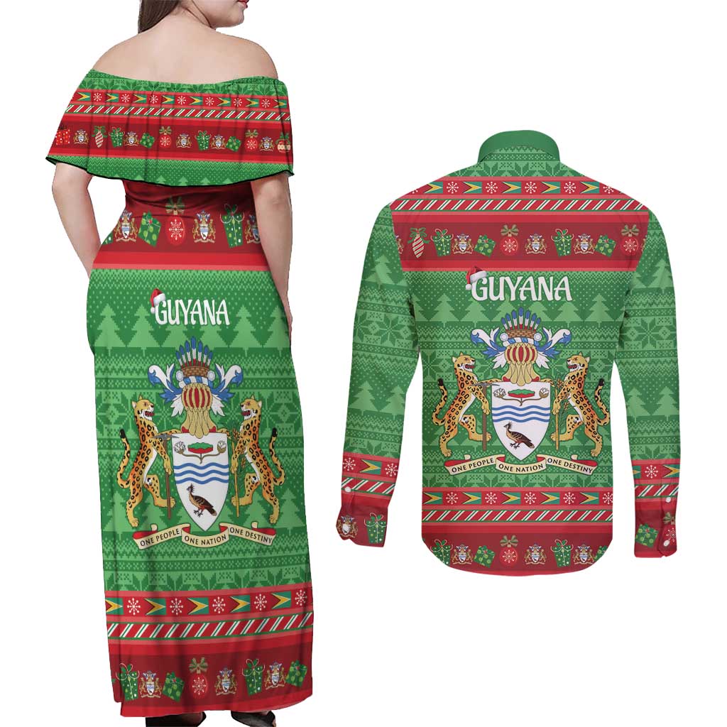 Guyana Christmas Couples Matching Off Shoulder Maxi Dress and Long Sleeve Button Shirt Santa With Macaw Parrot Merry Xmas - Wonder Print Shop