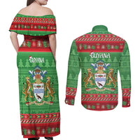 Guyana Christmas Couples Matching Off Shoulder Maxi Dress and Long Sleeve Button Shirt Santa With Macaw Parrot Merry Xmas - Wonder Print Shop