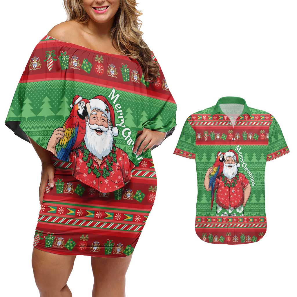 Guyana Christmas Couples Matching Off Shoulder Short Dress and Hawaiian Shirt Santa With Macaw Parrot Merry Xmas - Wonder Print Shop