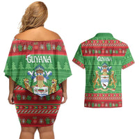 Guyana Christmas Couples Matching Off Shoulder Short Dress and Hawaiian Shirt Santa With Macaw Parrot Merry Xmas - Wonder Print Shop