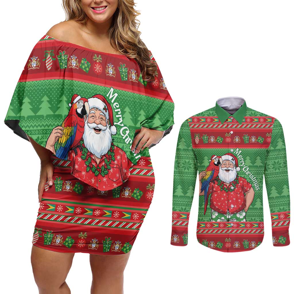 Guyana Christmas Couples Matching Off Shoulder Short Dress and Long Sleeve Button Shirt Santa With Macaw Parrot Merry Xmas - Wonder Print Shop
