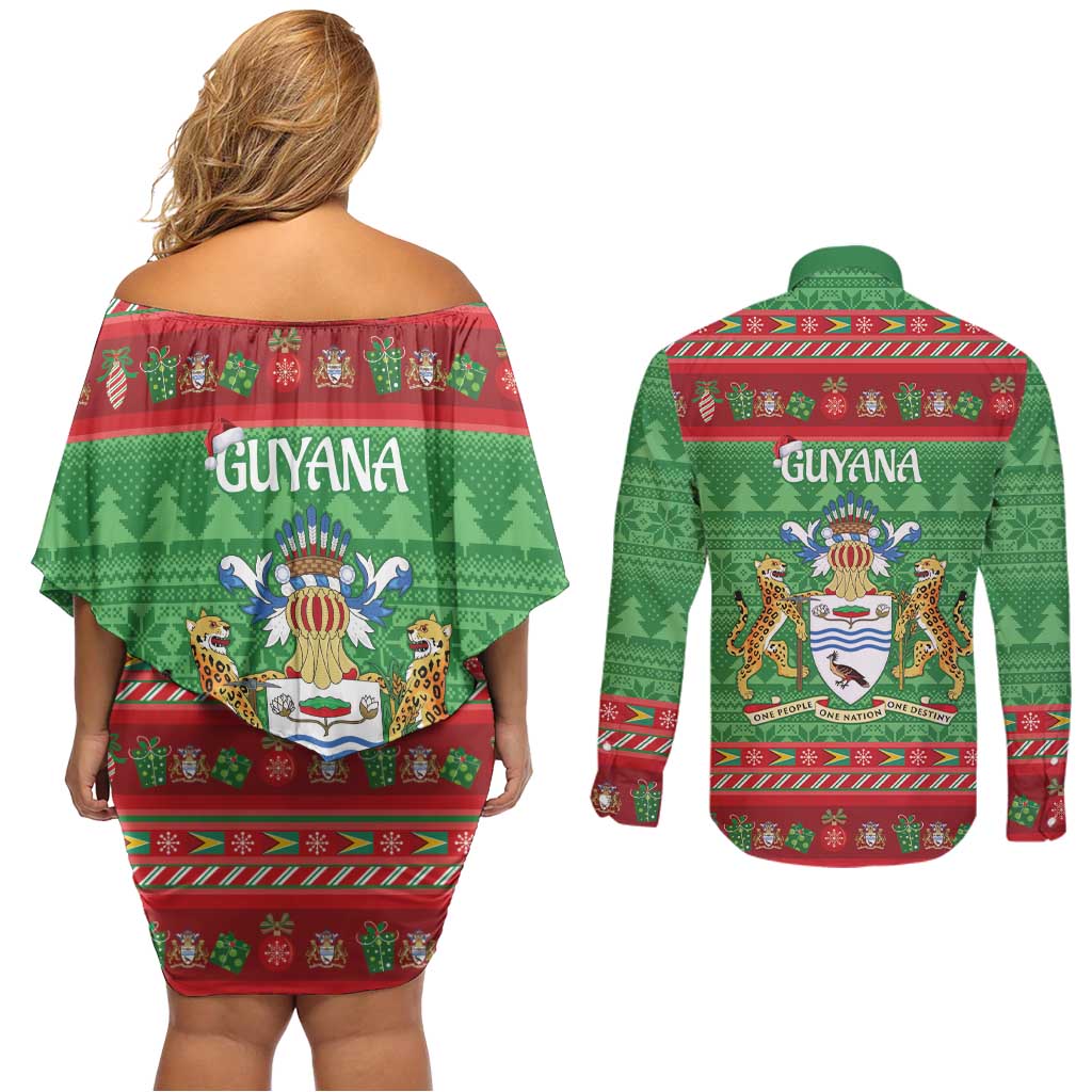 Guyana Christmas Couples Matching Off Shoulder Short Dress and Long Sleeve Button Shirt Santa With Macaw Parrot Merry Xmas - Wonder Print Shop