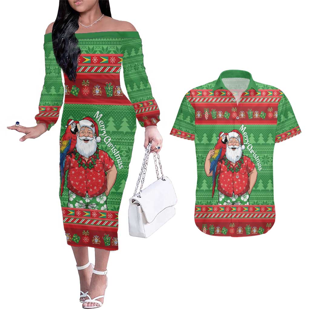 Guyana Christmas Couples Matching Off The Shoulder Long Sleeve Dress and Hawaiian Shirt Santa With Macaw Parrot Merry Xmas - Wonder Print Shop