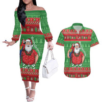 Guyana Christmas Couples Matching Off The Shoulder Long Sleeve Dress and Hawaiian Shirt Santa With Macaw Parrot Merry Xmas - Wonder Print Shop