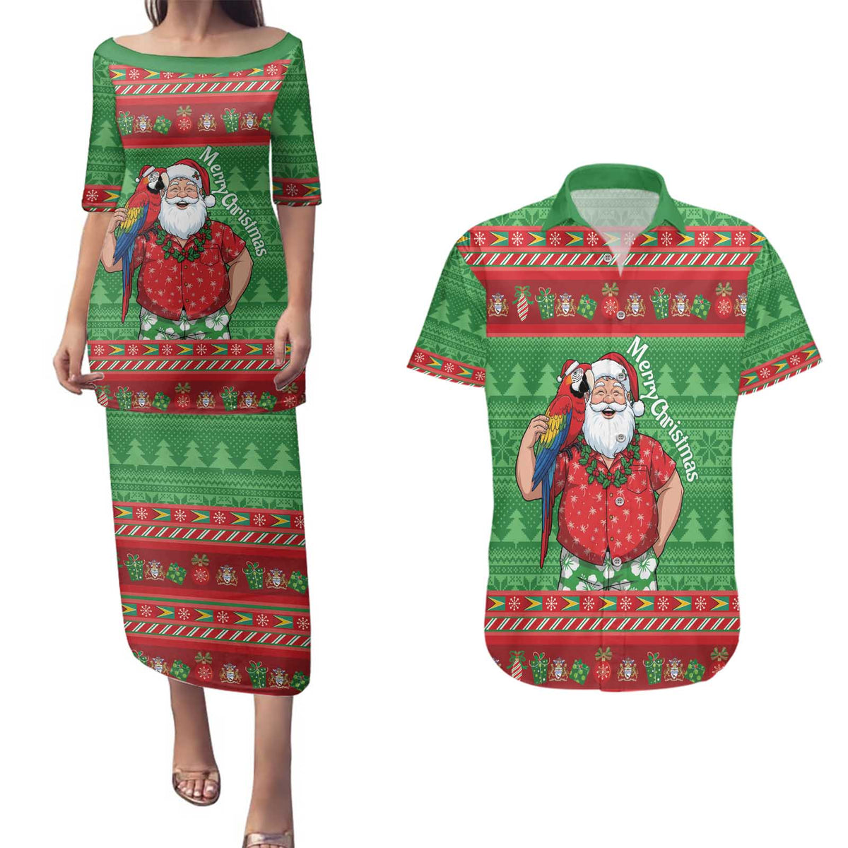 Guyana Christmas Couples Matching Puletasi and Hawaiian Shirt Santa With Macaw Parrot Merry Xmas - Wonder Print Shop