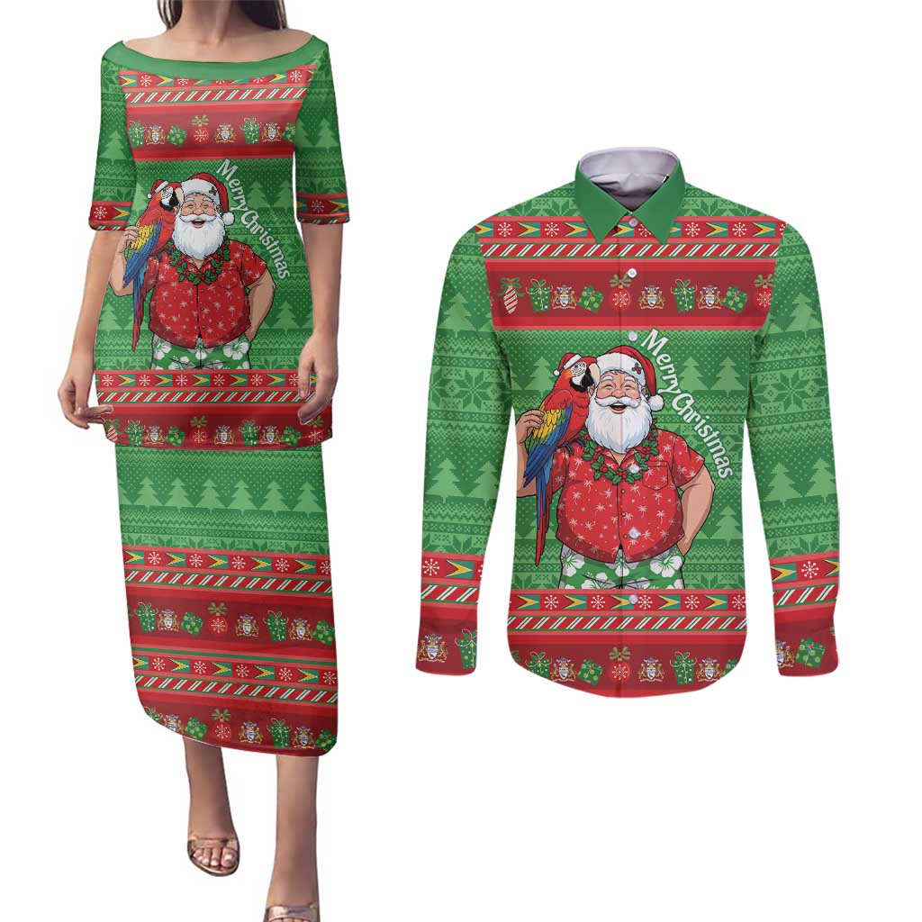 Guyana Christmas Couples Matching Puletasi and Long Sleeve Button Shirt Santa With Macaw Parrot Merry Xmas - Wonder Print Shop