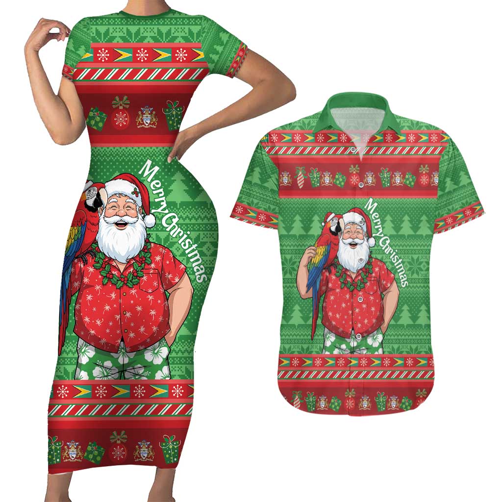 Guyana Christmas Couples Matching Short Sleeve Bodycon Dress and Hawaiian Shirt Santa With Macaw Parrot Merry Xmas - Wonder Print Shop