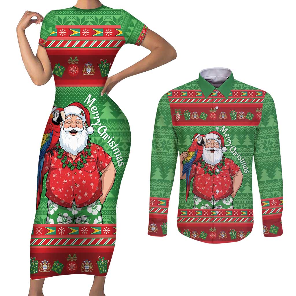 Guyana Christmas Couples Matching Short Sleeve Bodycon Dress and Long Sleeve Button Shirt Santa With Macaw Parrot Merry Xmas - Wonder Print Shop