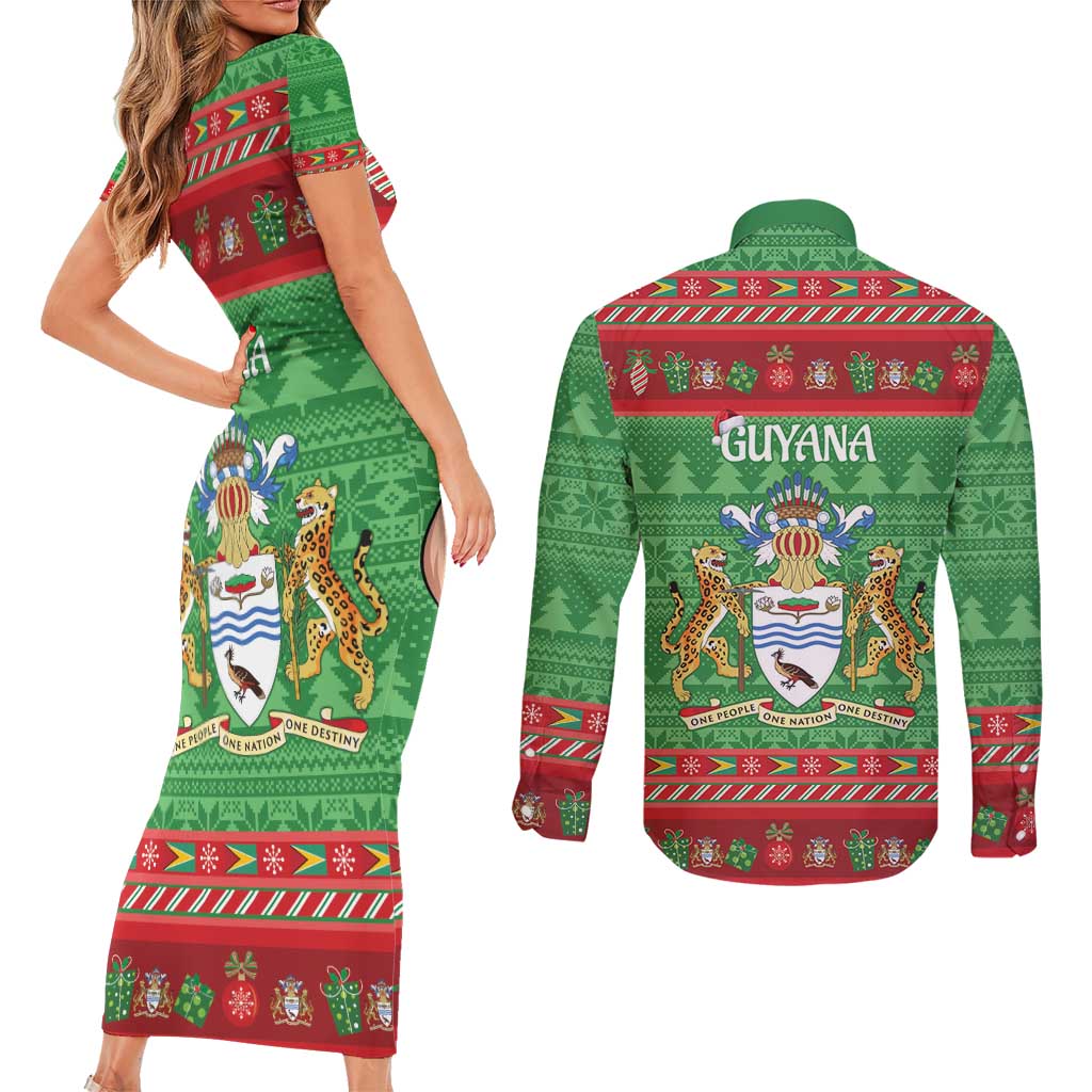 Guyana Christmas Couples Matching Short Sleeve Bodycon Dress and Long Sleeve Button Shirt Santa With Macaw Parrot Merry Xmas - Wonder Print Shop
