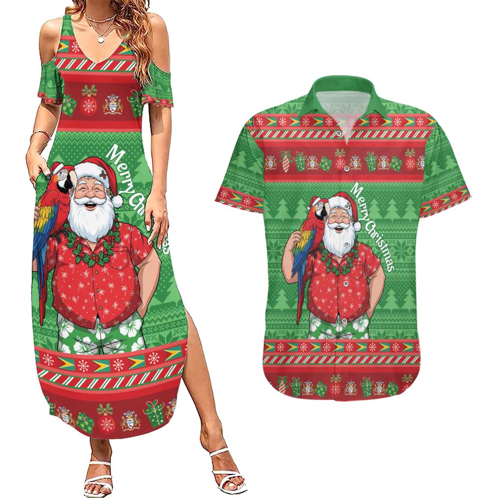 Guyana Christmas Couples Matching Summer Maxi Dress and Hawaiian Shirt Santa With Macaw Parrot Merry Xmas - Wonder Print Shop