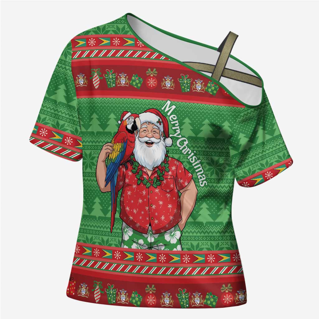 Guyana Christmas Cross Shoulder Shirt Santa With Macaw Parrot Merry Xmas - Wonder Print Shop
