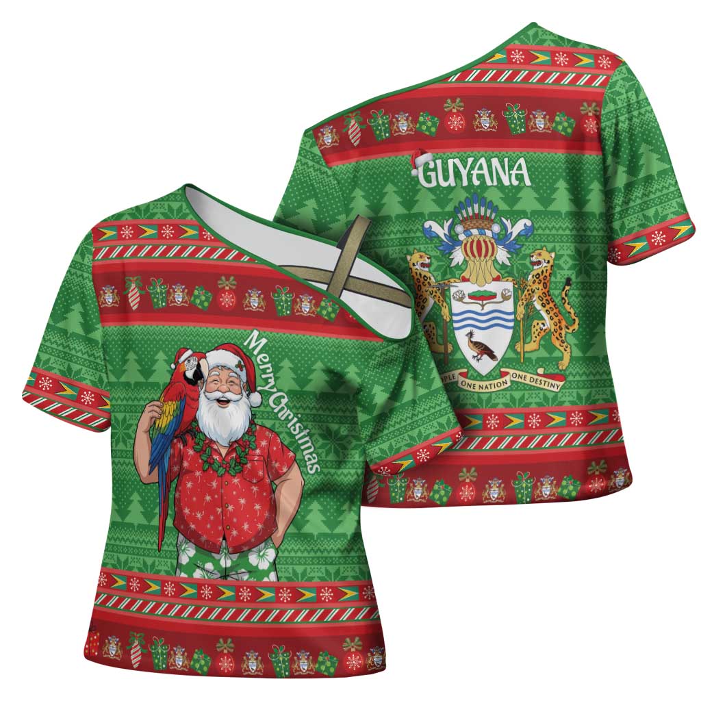 Guyana Christmas Cross Shoulder Shirt Santa With Macaw Parrot Merry Xmas - Wonder Print Shop
