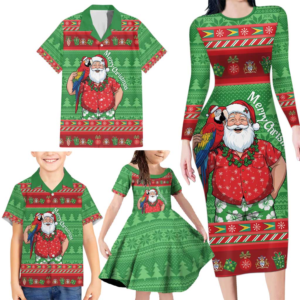 Guyana Christmas Family Matching Long Sleeve Bodycon Dress and Hawaiian Shirt Santa With Macaw Parrot Merry Xmas - Wonder Print Shop