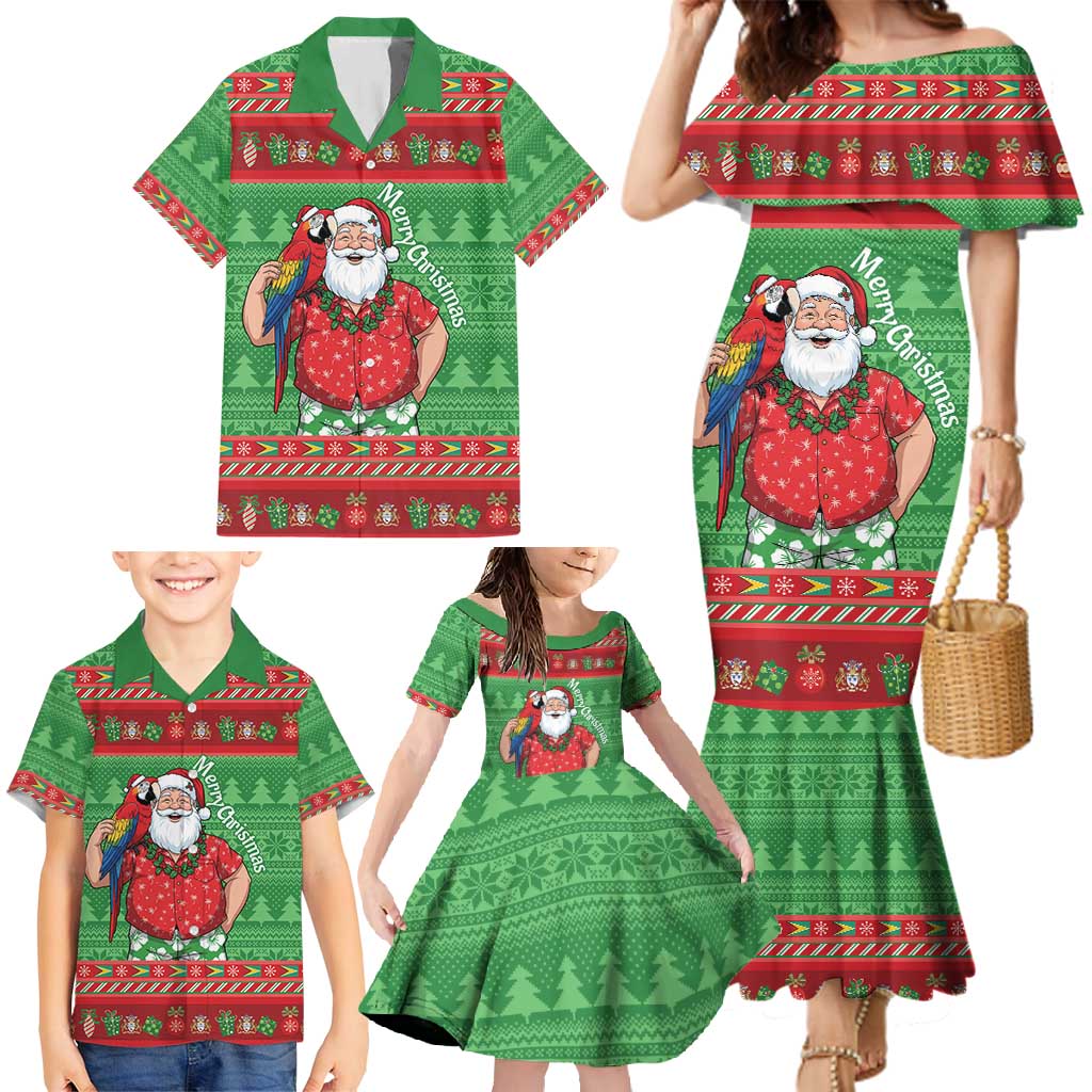 Guyana Christmas Family Matching Mermaid Dress and Hawaiian Shirt Santa With Macaw Parrot Merry Xmas - Wonder Print Shop