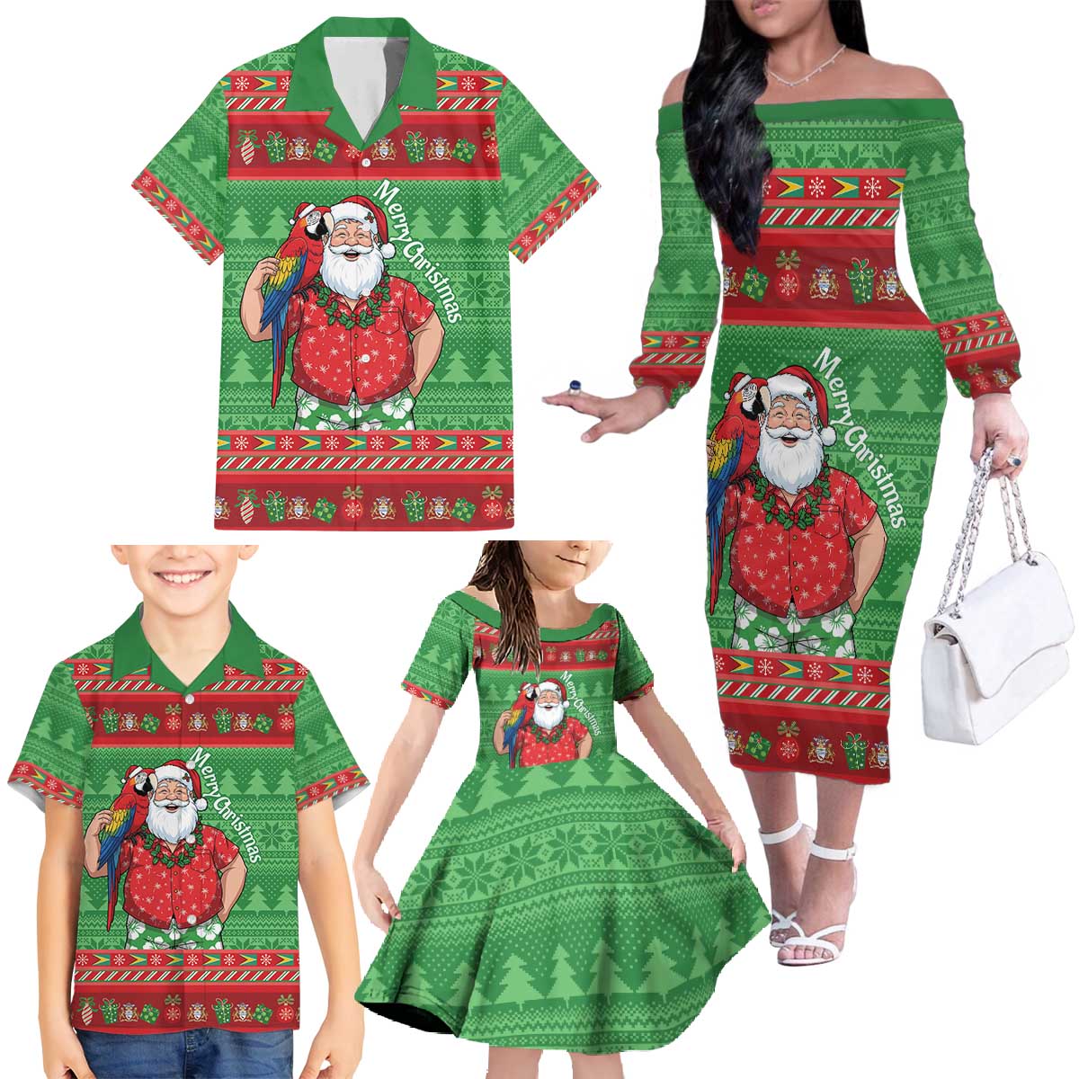 Guyana Christmas Family Matching Off The Shoulder Long Sleeve Dress and Hawaiian Shirt Santa With Macaw Parrot Merry Xmas - Wonder Print Shop