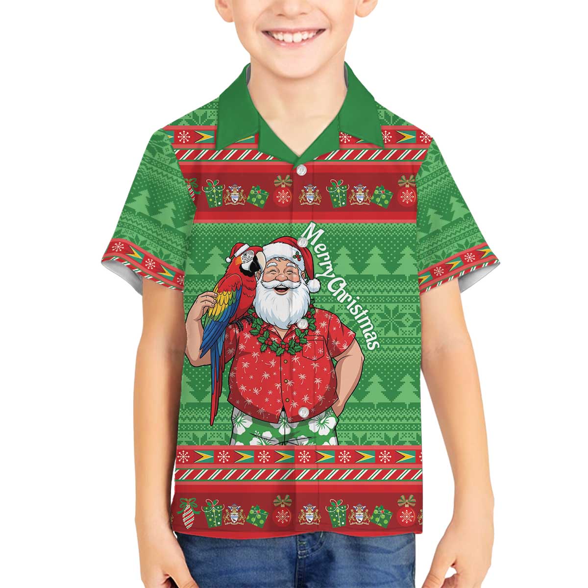 Guyana Christmas Family Matching Off The Shoulder Long Sleeve Dress and Hawaiian Shirt Santa With Macaw Parrot Merry Xmas - Wonder Print Shop