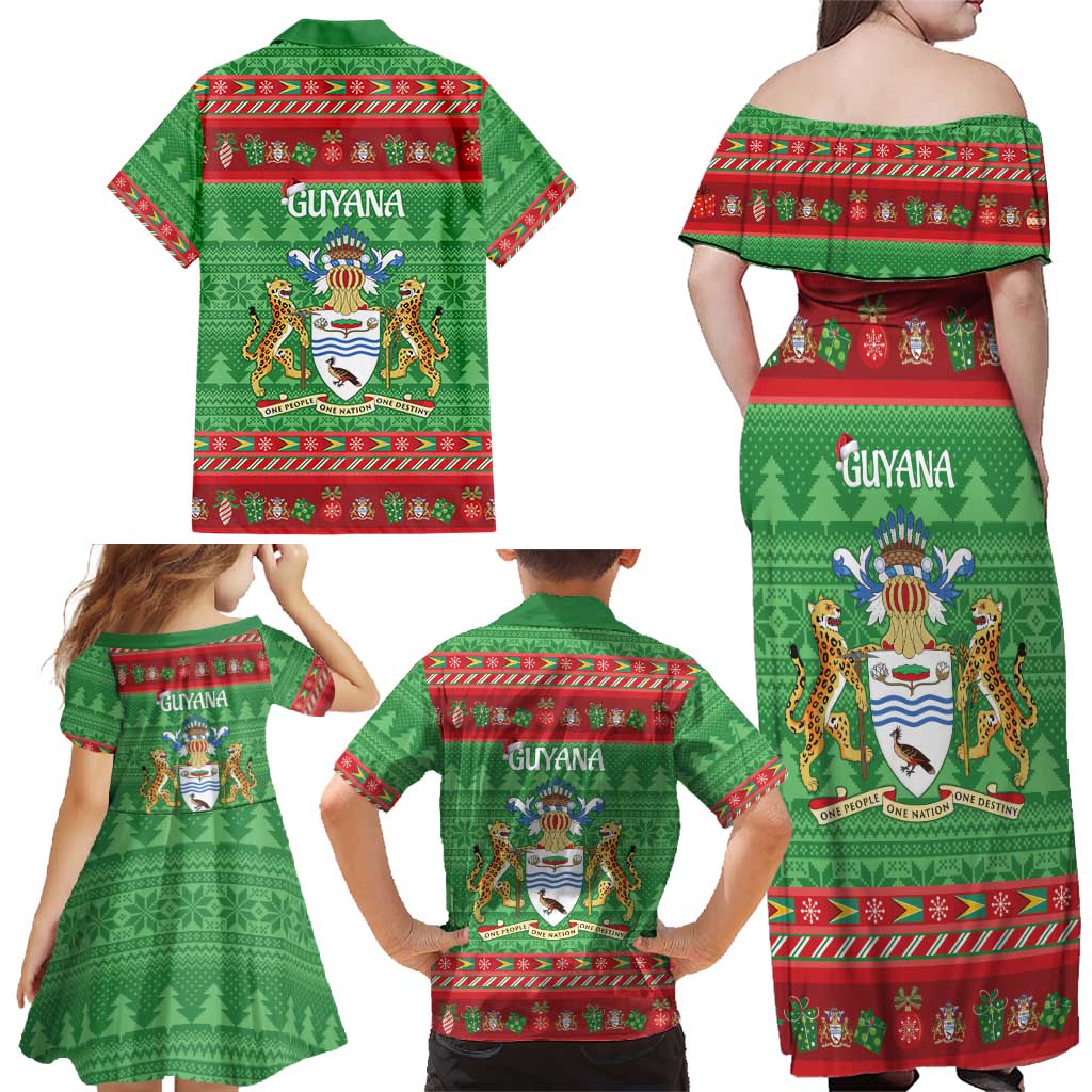 Guyana Christmas Family Matching Off Shoulder Maxi Dress and Hawaiian Shirt Santa With Macaw Parrot Merry Xmas - Wonder Print Shop
