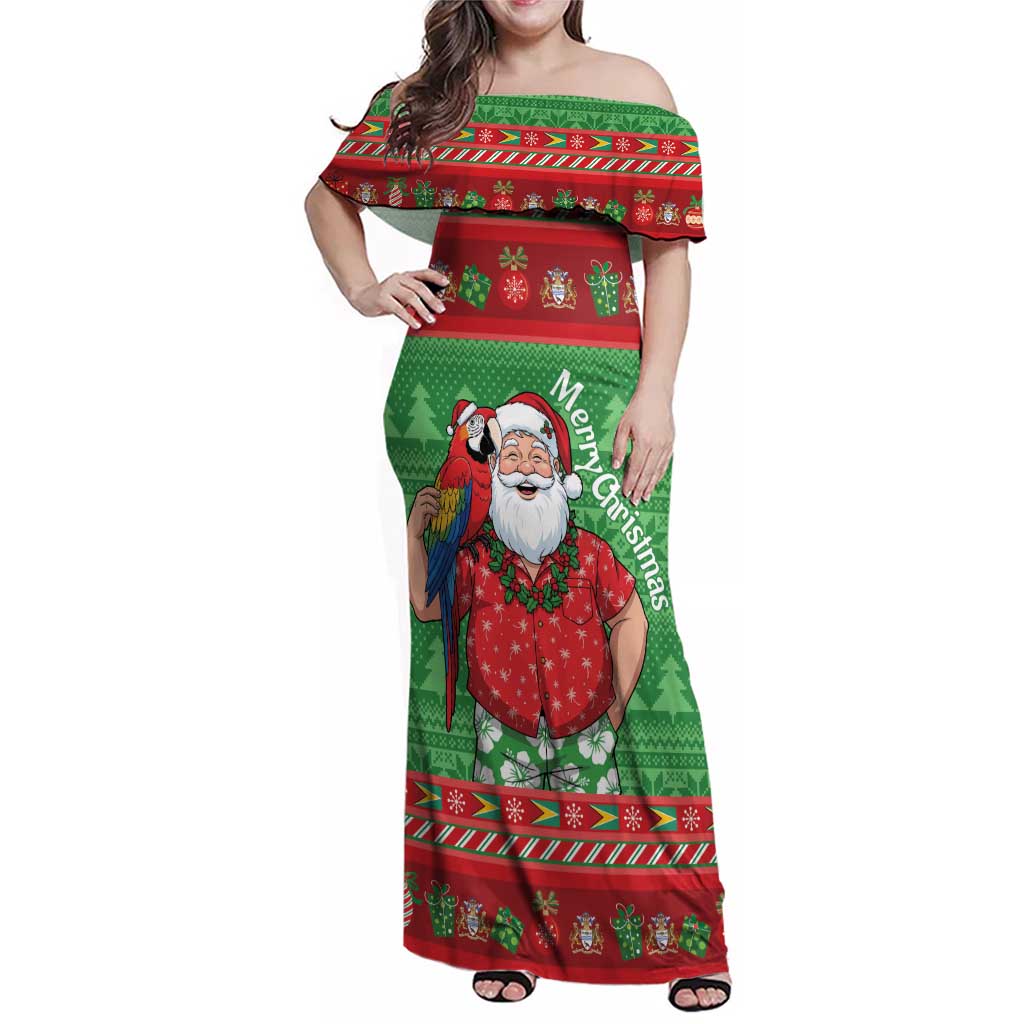 Guyana Christmas Family Matching Off Shoulder Maxi Dress and Hawaiian Shirt Santa With Macaw Parrot Merry Xmas - Wonder Print Shop
