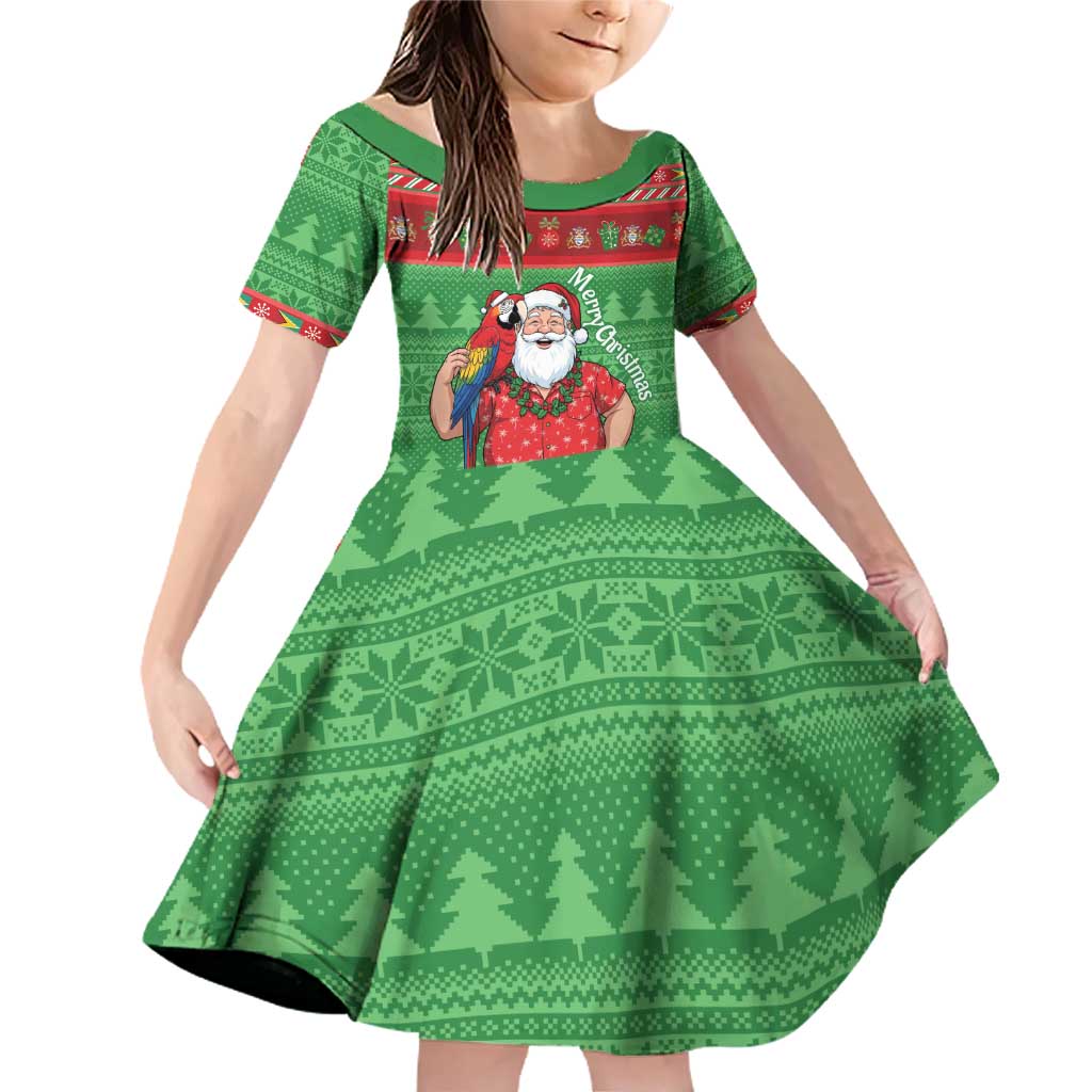 Guyana Christmas Family Matching Off Shoulder Short Dress and Hawaiian Shirt Santa With Macaw Parrot Merry Xmas - Wonder Print Shop